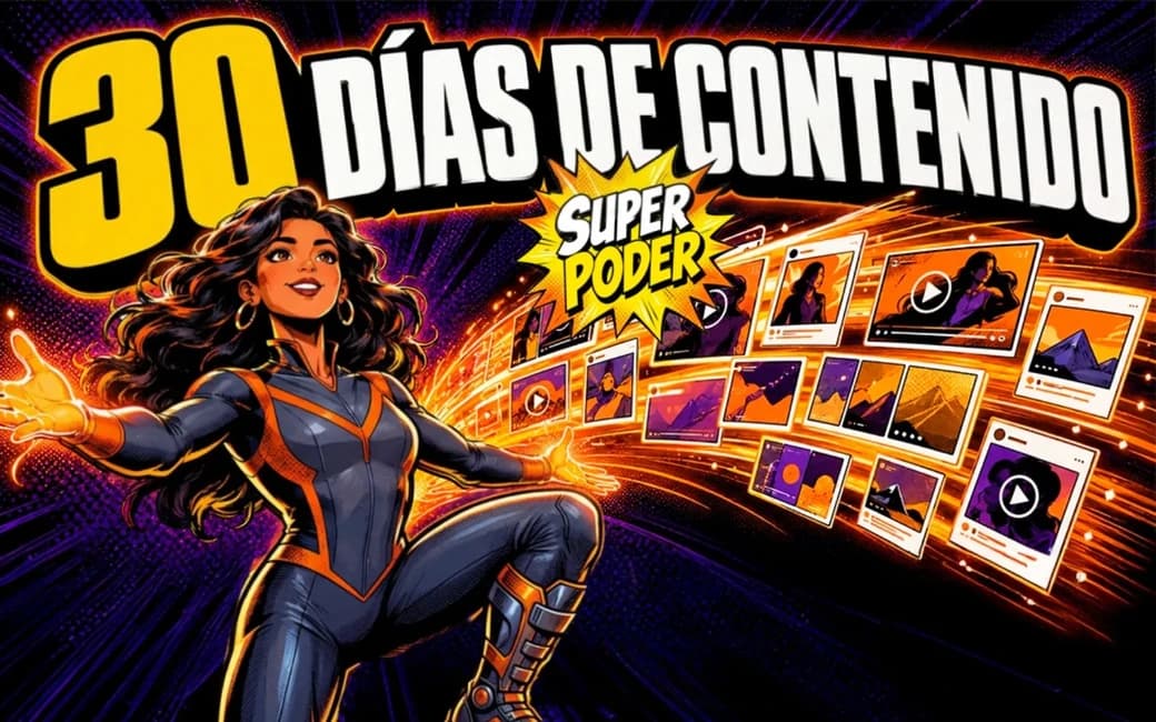 Heroína cómic irradiando energía que se convierte en piezas de contenido