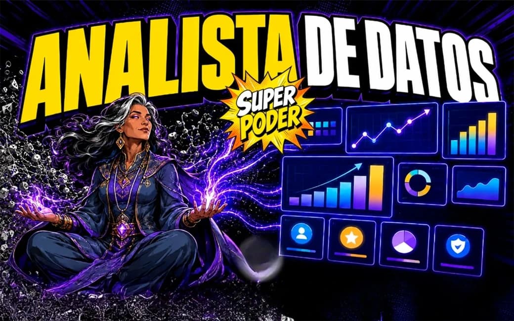 Héroe cómic transformando datos caóticos en gráficas y dashboard