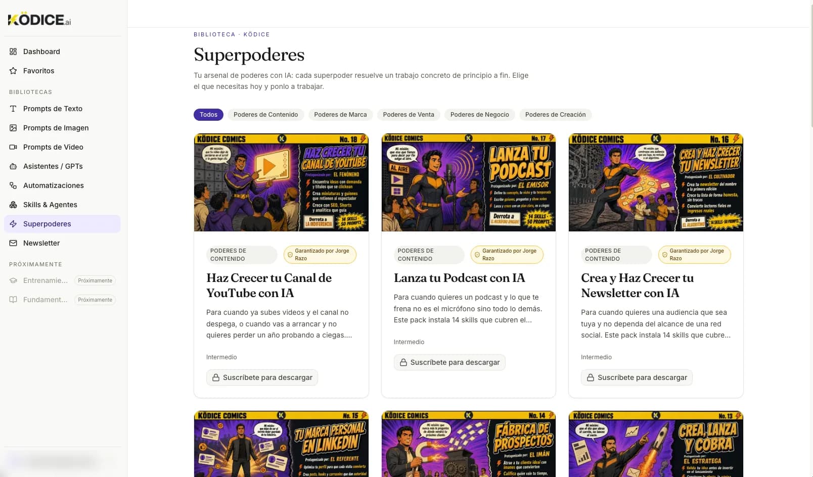 La biblioteca de KÖDICE abierta en la sección Superpoderes: menú lateral con las bibliotecas de prompts, asistentes, automatizaciones y skills, y una cuadrícula de packs con portada ilustrada, categoría y botón para descargar.