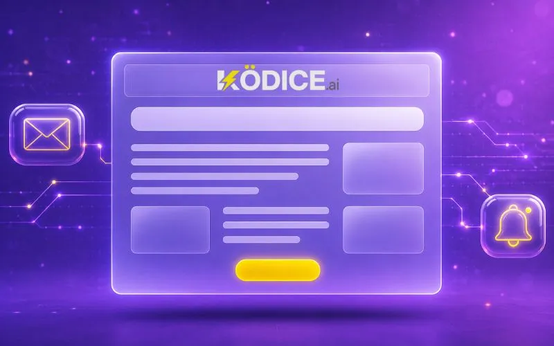 Laptop mostrando una edición del newsletter de Ködice, con su encabezado, secciones destacadas y botón de llamada a la acción.