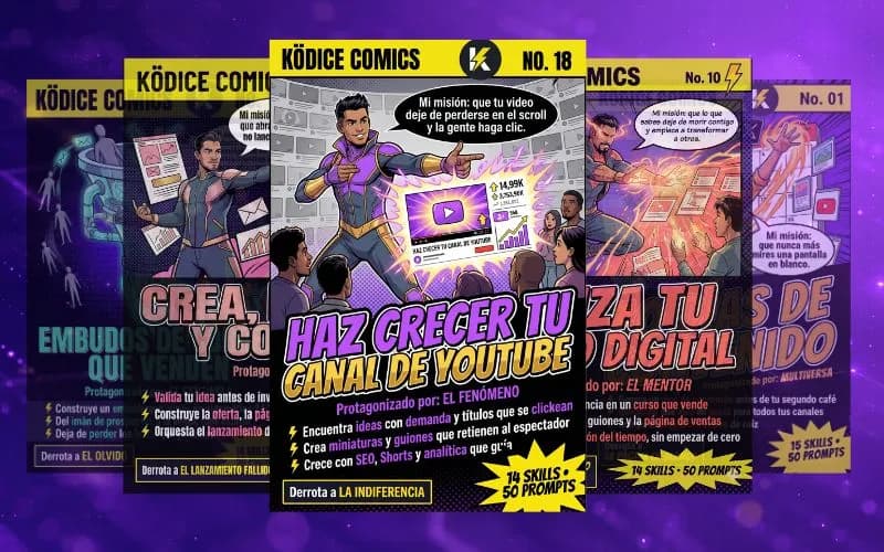Ocho portadas de KÖDICE Comics, cada una con el superpoder que resuelve: Vender en Frío sin Anuncios, Fábrica de Prospectos, 30 Días de Contenido, Lanza tu Curso Digital y más.